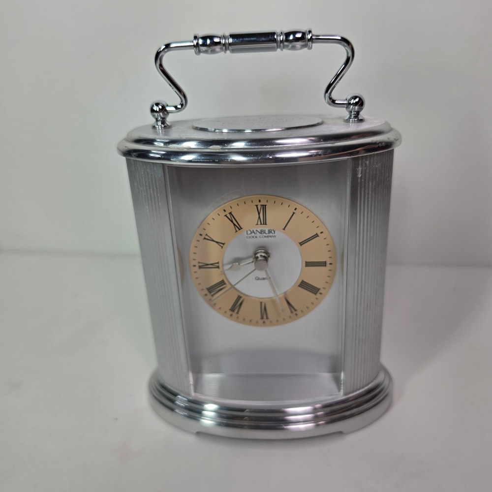 Danbury Clock Company Quartz Carriage Clock Silver Tone Roman Numeral Desk Clock